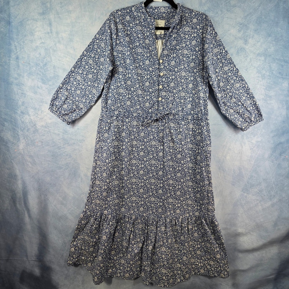Hope & Henry Blue Floral Organic Cotton Midi Dress Womens 8 Button Front Tiered